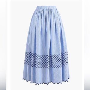 J. Crew Factory Blue Striped Embroidered Midi Skirt